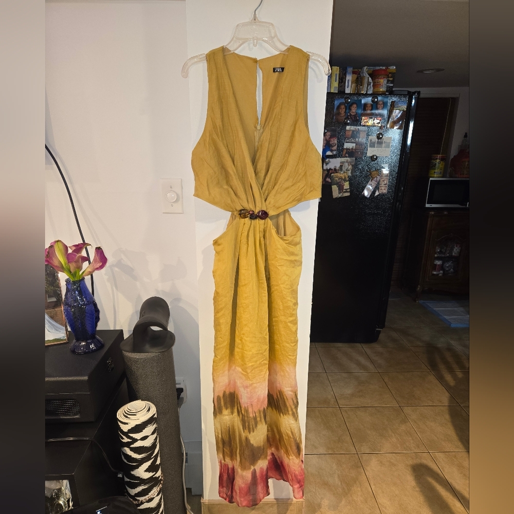 Zara Yellow Green and Multicolor Sleeveless Maxi Dress